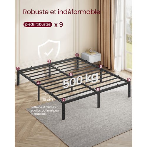 Cadre De Lit Double, 160 X 200 Cm, Cadre En Métal, Espace De Rangement Au Dessous