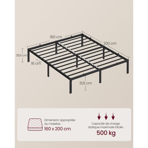 Cadre De Lit Double, 160 X 200 Cm, Cadre En Métal, Espace De Rangement Au Dessous