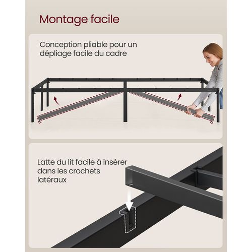 Cadre De Lit Double, 160 X 200 Cm, Cadre En Métal, Espace De Rangement Au Dessous