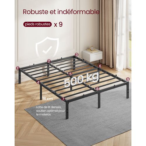 Cadre De Lit Double, 140 X 190 Cm, Cadre En Métal, Espace De Rangement Au Dessous