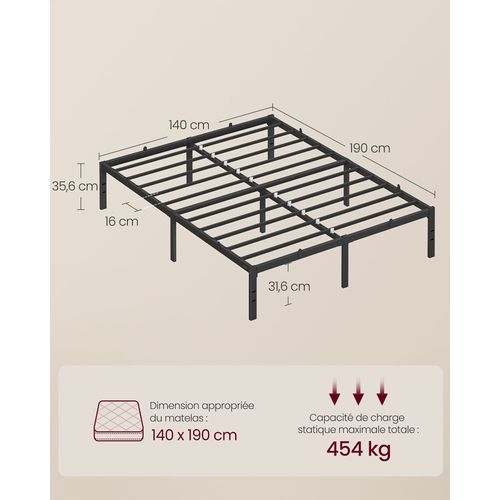 Cadre De Lit Double, 140 X 190 Cm, Cadre En Métal, Espace De Rangement Au Dessous