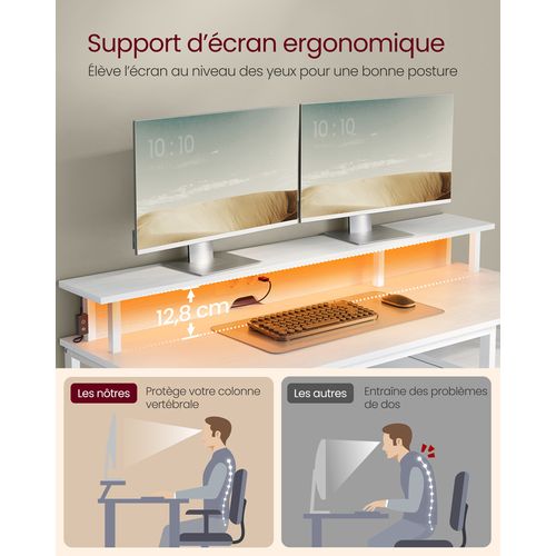 Bureau Gaming, Avec Tiroirs En Tissu, Avec Support D'écran, Lumières LED, Multiprise, 2 Ports USB