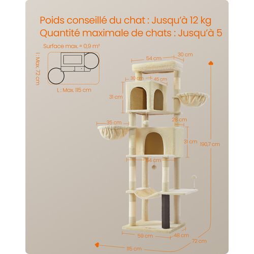 Grand Arbre à Chat De 190,7 Cm De Haut, Multi-niveaux, Avec 2 Niches, 2 Paniers, 5 Griffoirs