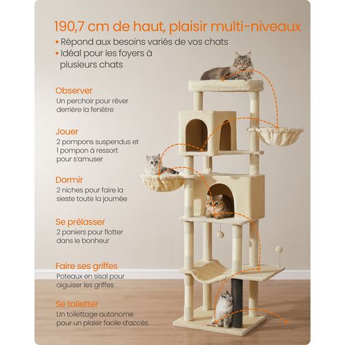 Grand Arbre à Chat De 190,7 Cm De Haut, Multi-niveaux, Avec 2 Niches, 2 Paniers, 5 Griffoirs