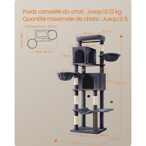 Grand Arbre à Chat De 190,7 Cm De Haut, Multi-niveaux, Avec 2 Niches, 2 Paniers, 5 Griffoirs