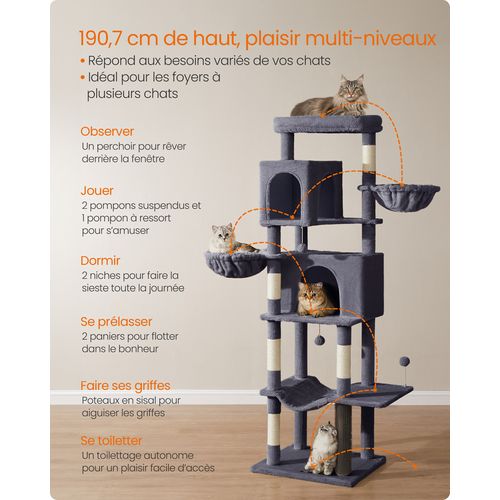 Grand Arbre à Chat De 190,7 Cm De Haut, Multi-niveaux, Avec 2 Niches, 2 Paniers, 5 Griffoirs