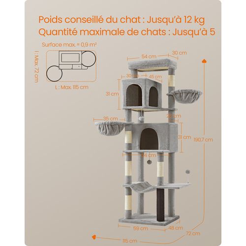 Grand Arbre à Chat De 190,7 Cm De Haut, Multi-niveaux, Avec 2 Niches, 2 Paniers, 5 Griffoirs