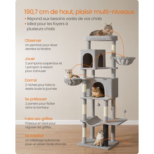 Grand Arbre à Chat De 190,7 Cm De Haut, Multi-niveaux, Avec 2 Niches, 2 Paniers, 5 Griffoirs