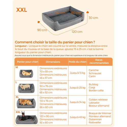 Panier Pour Chiens, Lit Pour Animaux, Taille XXL Pour Grands Chiens, 120 X 90 X 30 Cm, Gris