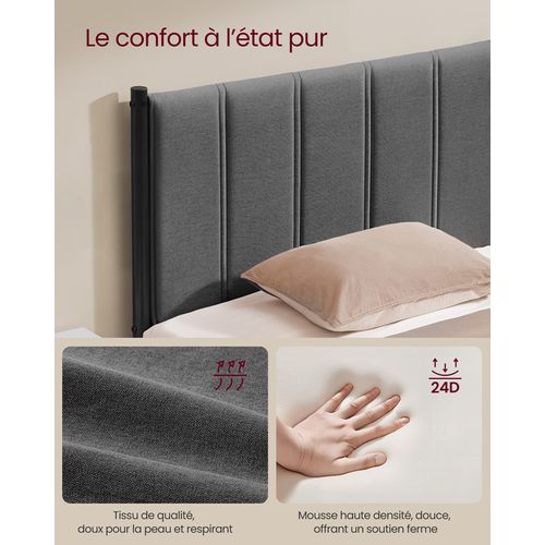 Cadre De Lit, 140 X 200 Cm, Sommier Relevable, Avec Rangement, Tête De Lit, Gris Foncé