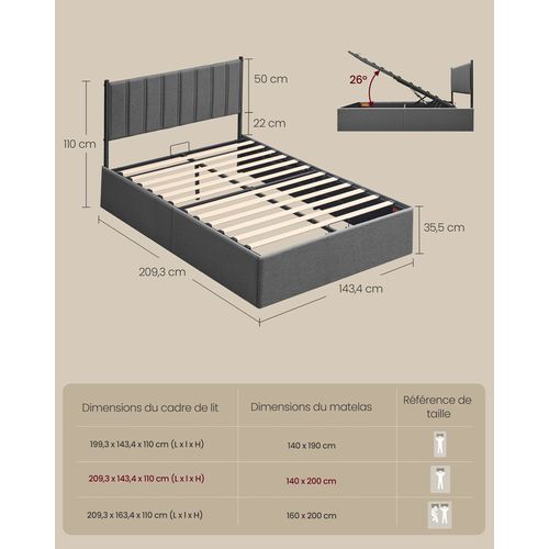 Cadre De Lit, 140 X 200 Cm, Sommier Relevable, Avec Rangement, Tête De Lit, Gris Foncé