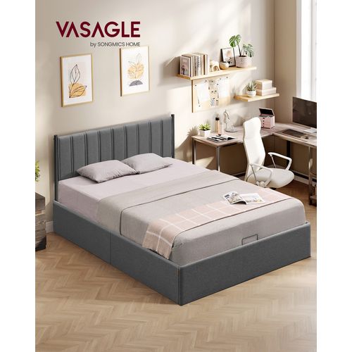 Cadre De Lit, 160 X 200 Cm, Sommier Relevable, Avec Rangement, Tête De Lit, Gris Foncé