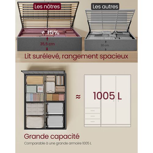 Cadre De Lit, 160 X 200 Cm, Sommier Relevable, Avec Rangement, Tête De Lit, Gris Foncé