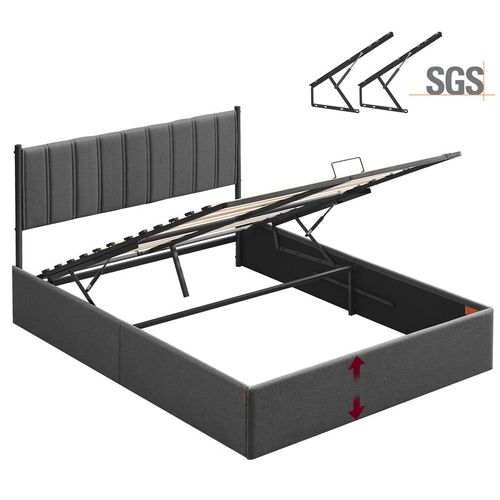 Cadre De Lit, 160 X 200 Cm, Sommier Relevable, Avec Rangement, Tête De Lit, Gris Foncé