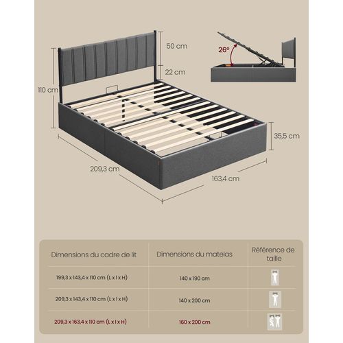 Cadre De Lit, 160 X 200 Cm, Sommier Relevable, Avec Rangement, Tête De Lit, Gris Foncé