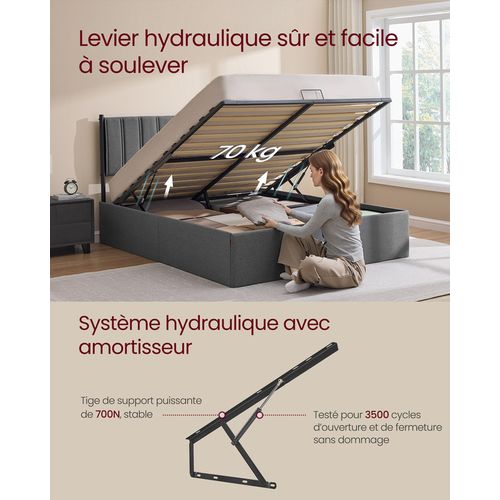 Cadre De Lit, 160 X 200 Cm, Sommier Relevable, Avec Rangement, Tête De Lit, Gris Foncé