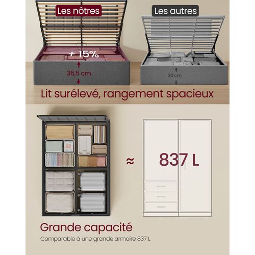 Cadre De Lit, 140 X 190 Cm, Sommier Relevable, Avec Rangement, Tête De Lit, Gris Foncé
