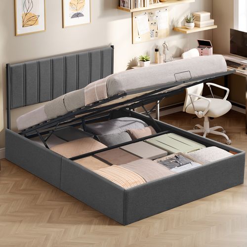Cadre De Lit, 140 X 190 Cm, Sommier Relevable, Avec Rangement, Tête De Lit, Gris Foncé