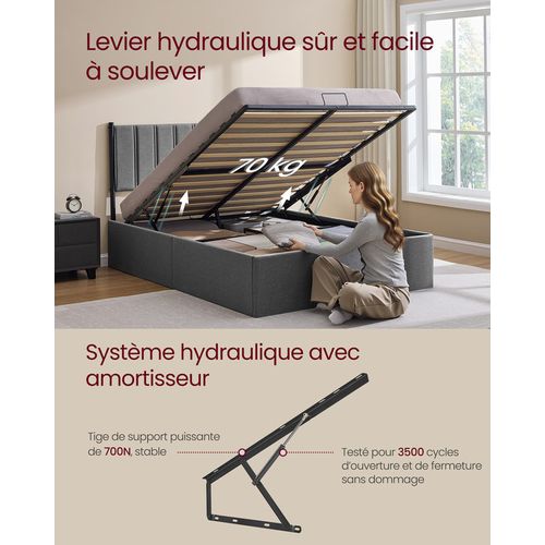 Cadre De Lit, 140 X 190 Cm, Sommier Relevable, Avec Rangement, Tête De Lit, Gris Foncé