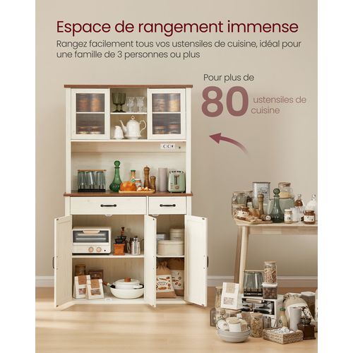Buffet De Cuisine Avec Lumières Et Chargeur, 39,5 X 106,5 X 180,6 Cm, Blanc Rustique Et Marron Miel