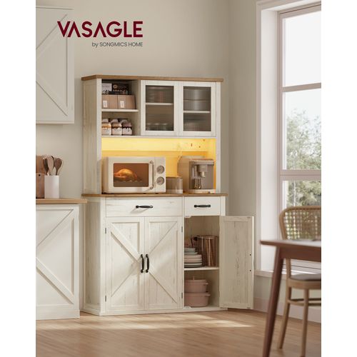 Buffet De Cuisine Avec Lumières Et Chargeur, 39,5 X 106,5 X 180,6 Cm, Blanc Rustique Et Marron Miel