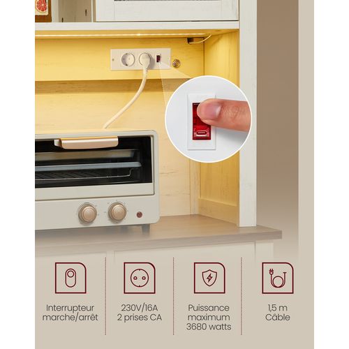 Buffet De Cuisine Avec Lumières Et Chargeur, 39,5 X 106,5 X 180,6 Cm, Blanc Rustique Et Marron Miel