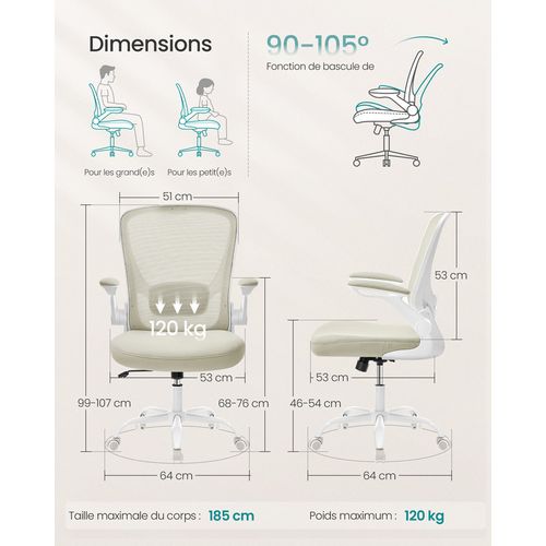 Chaise Bureau Ergonomique, Tissu En Maille, Support Lombaire, Mécanisme à Bascule, Beige Avoine