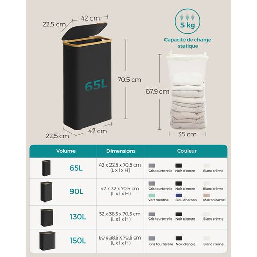 Panier à Linge Mince Avec Couvercle, 65l, Pliable, 42 X 22,5 X 70,5 Cm, Noir D'encre