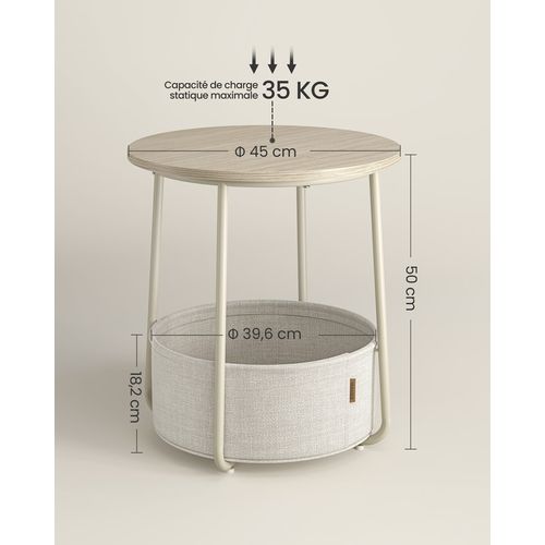 Petite Table Basse Ronde, Avec Panier En Tissu, Rangement, Beige Naturel Et Blanc Crème