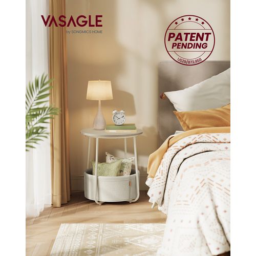 Petite Table Basse Ronde, Avec Panier En Tissu, Rangement, Beige Naturel Et Blanc Crème