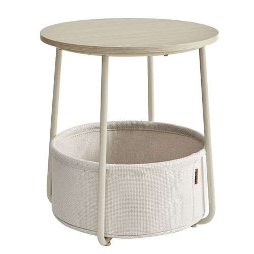 Petite Table Basse Ronde, Avec Panier En Tissu, Rangement, Beige Naturel Et Blanc Crème