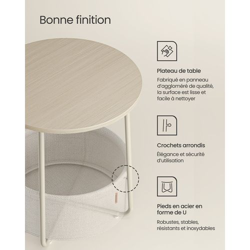 Petite Table Basse Ronde, Avec Panier En Tissu, Rangement, Beige Naturel Et Blanc Crème