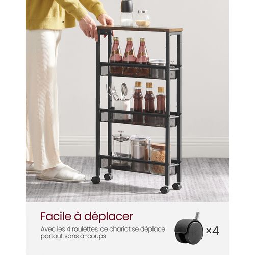 Desserte 4 Niveaux, Étagère De Cuisine Fin Avec Roulettes, Cadre En Acier,  Marron Rustique Et Noir