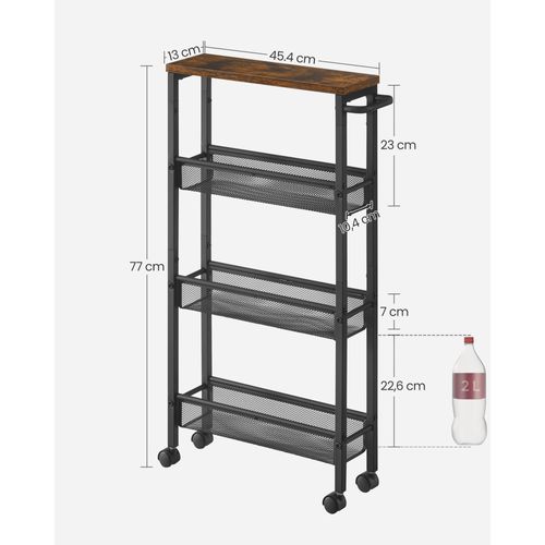 Desserte 4 Niveaux, Étagère De Cuisine Fin Avec Roulettes, Cadre En Acier,  Marron Rustique Et Noir