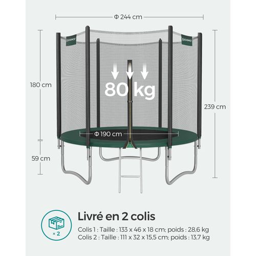 Trampoline Ø 244 Cm Pour Enfants, Filet De Protection, Coussins De Sécurité, Échelle, Noir Et Vert
