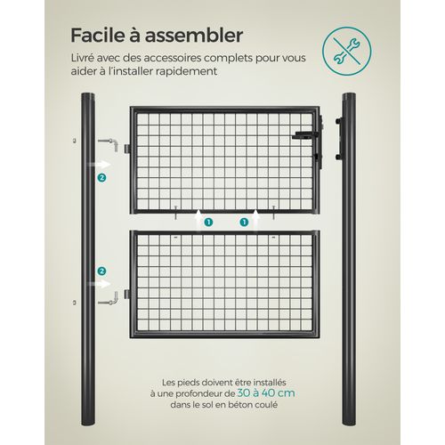Portillon De Jardin Grillagé, En Acier Galvanisé, Clôture Avec Serrure, Tube Rond, Gris