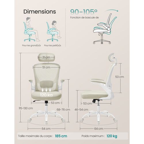 Chaise Bureau Ergonomique, Tissu En Maille, Support Lombaire, Appui-tête, Beige Cappuccino