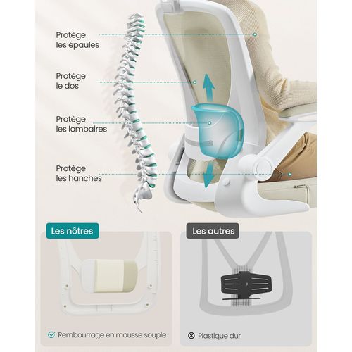 Chaise Bureau Ergonomique, Tissu En Maille, Support Lombaire, Appui-tête, Beige Cappuccino