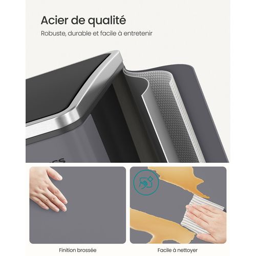 Poubelle Cuisine, 2 X 15 L, Avec Pédale, 2 Compartiments, 15 Sacs Poubelles, Gris Ardoise