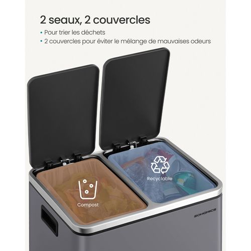 Poubelle Cuisine, 2 X 15 L, Avec Pédale, 2 Compartiments, 15 Sacs Poubelles, Gris Ardoise