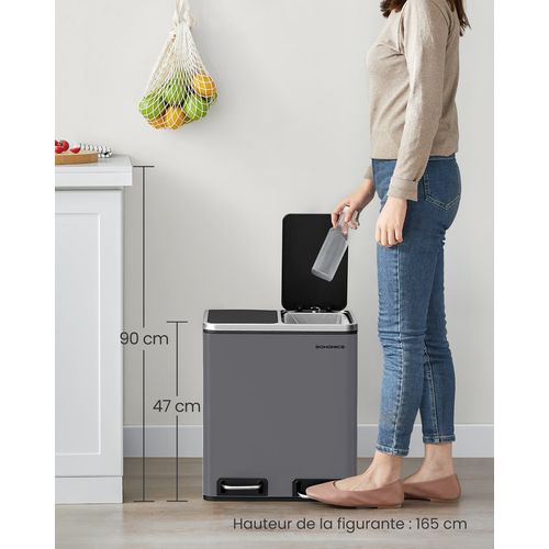 Poubelle Cuisine, 2 X 15 L, Avec Pédale, 2 Compartiments, 15 Sacs Poubelles, Gris Ardoise