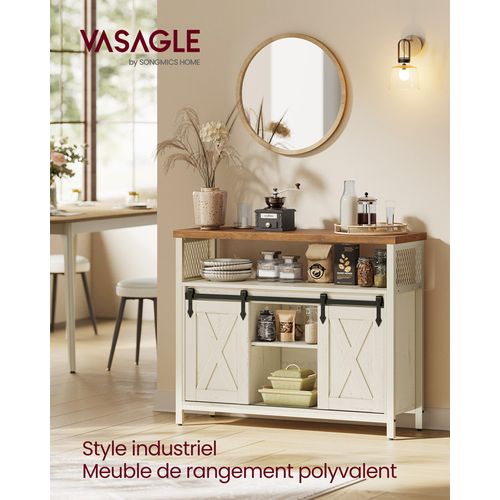 Buffet Cuisine, Avec 2 Portes Coulissantes, 33 X 100 X 80 Cm, Étagères Réglables, Blanc Et Marron