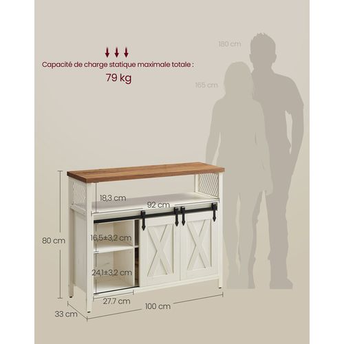 Buffet Cuisine, Avec 2 Portes Coulissantes, 33 X 100 X 80 Cm, Étagères Réglables, Blanc Et Marron