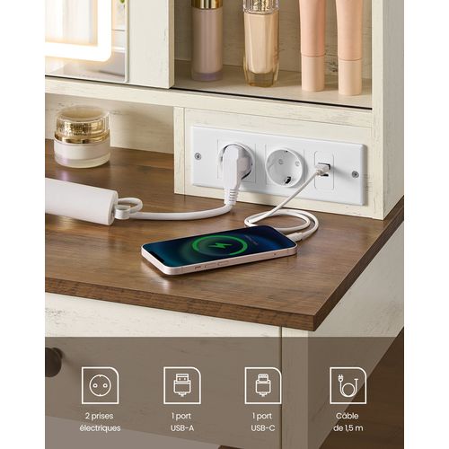 Coiffeuse Avec Miroir Et Éclairage, Avec Tabouret, Multiprise, 2 Tiroirs, Blanc Et Marron