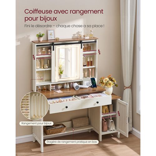 Coiffeuse Avec Miroir Et Éclairage, Avec Tabouret, Multiprise, 2 Tiroirs, Blanc Et Marron