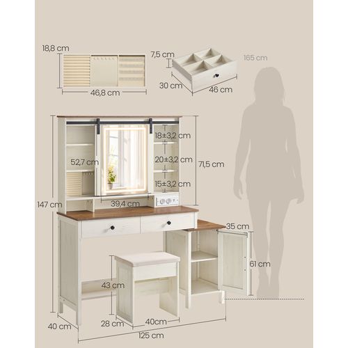 Coiffeuse Avec Miroir Et Éclairage, Avec Tabouret, Multiprise, 2 Tiroirs, Blanc Et Marron