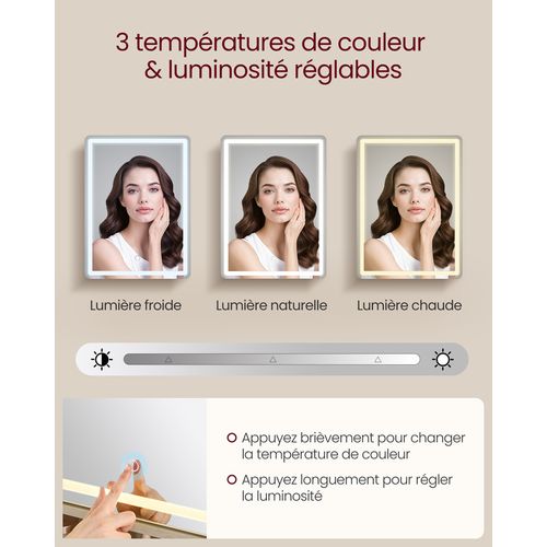 Coiffeuse Avec Miroir Et Éclairage, Avec Tabouret, Multiprise, 2 Tiroirs, Blanc Et Marron