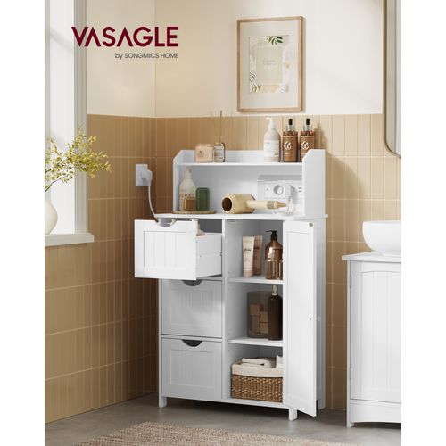 Meuble De Salle De Bain, Avec Multiprise, 3 Tiroirs, 1 Porte, 2 Étagères Réglables, Blanc Nuage