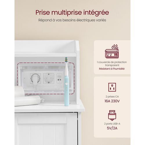 Meuble De Salle De Bain, Avec Multiprise, 3 Tiroirs, 1 Porte, 2 Étagères Réglables, Blanc Nuage