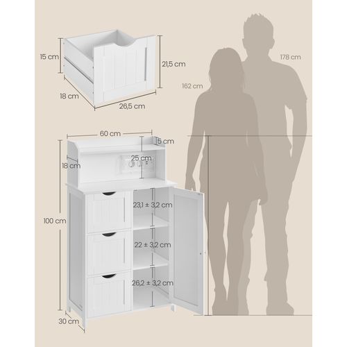 Meuble De Salle De Bain, Avec Multiprise, 3 Tiroirs, 1 Porte, 2 Étagères Réglables, Blanc Nuage
